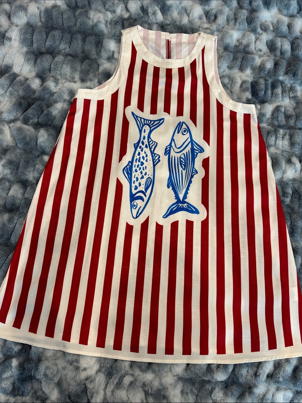 Red & White Striped Dress with Blue Fish Print